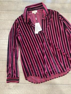 L'AGENCE Red and Black Velvet Striped Buttont-Down Shirt Size M